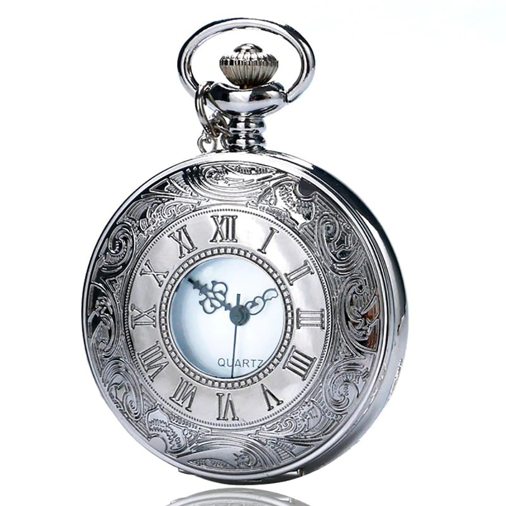 Reloj Bolsillo plateado con Cadena y Grabado en caja números romanos y decimales 24Joyas tienda de de relojes y joyas